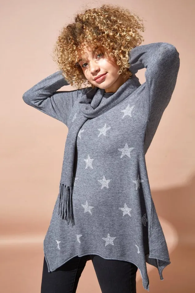 Women LightGrey Star Print Knitted Tunic With Tassel Scarf Roman Knitwear