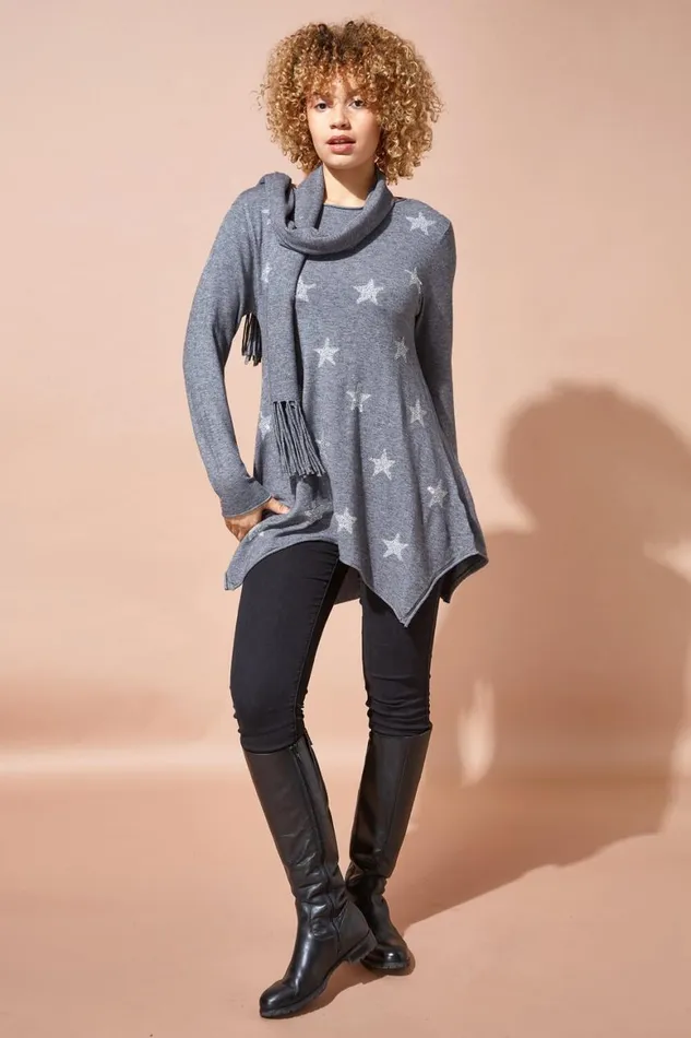 Women LightGrey Star Print Knitted Tunic With Tassel Scarf Roman Knitwear