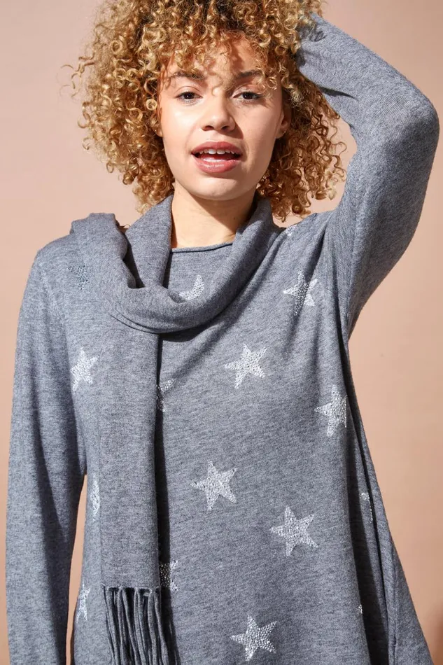 Women LightGrey Star Print Knitted Tunic With Tassel Scarf Roman Knitwear
