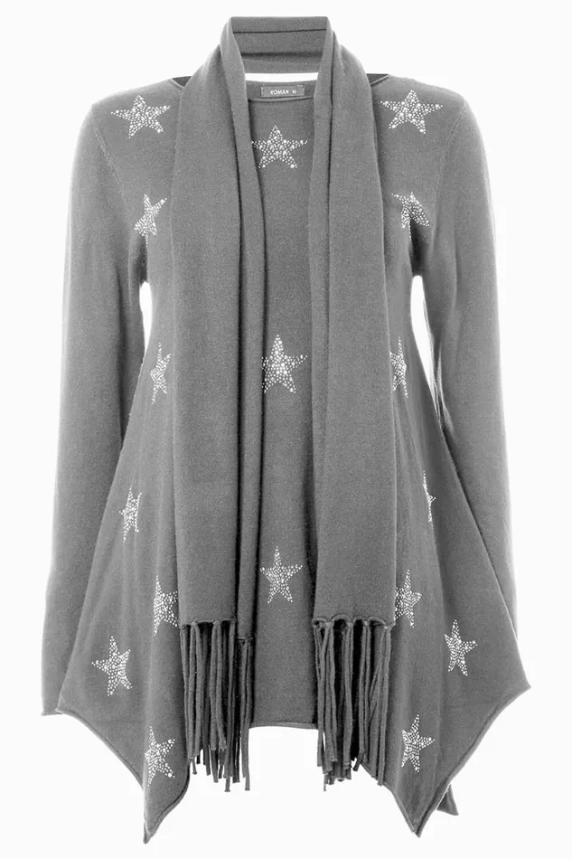 Women LightGrey Star Print Knitted Tunic With Tassel Scarf Roman Knitwear