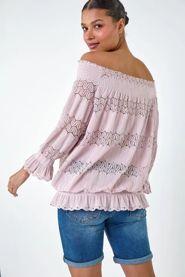 Women Light Pink Lace Insert Stretch Bardot Top Roman Tops