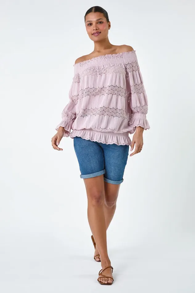 Women Light Pink Lace Insert Stretch Bardot Top Roman Tops
