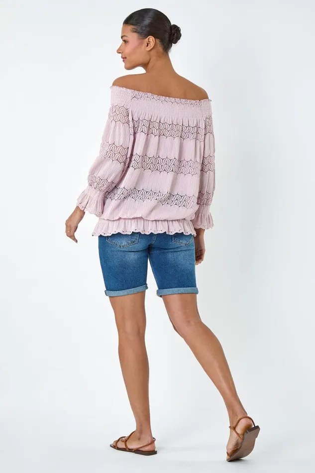 Women Light Pink Lace Insert Stretch Bardot Top Roman Tops