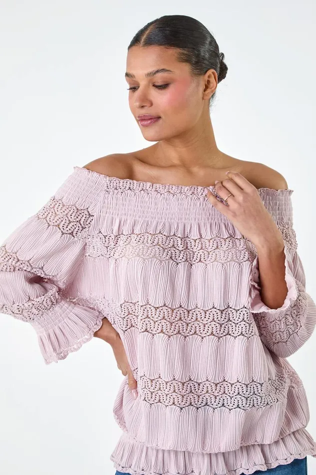 Women Light Pink Lace Insert Stretch Bardot Top Roman Tops