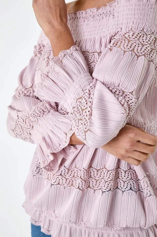 Women Light Pink Lace Insert Stretch Bardot Top Roman Tops