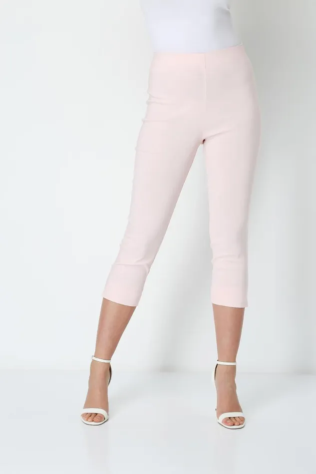 Women Light Pink Petite Elastic Waist Stretch Cropped Trouser Roman Trousers