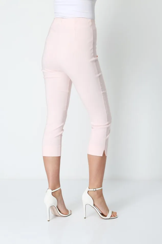 Women Light Pink Petite Elastic Waist Stretch Cropped Trouser Roman Trousers