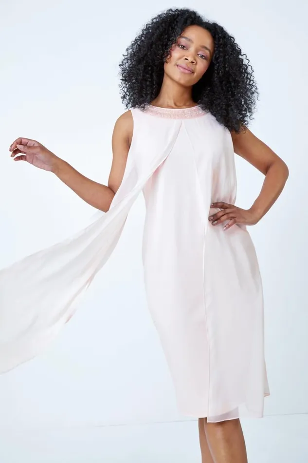 Women Light Pink Petite Embellished Chiffon Dress Roman Dresses