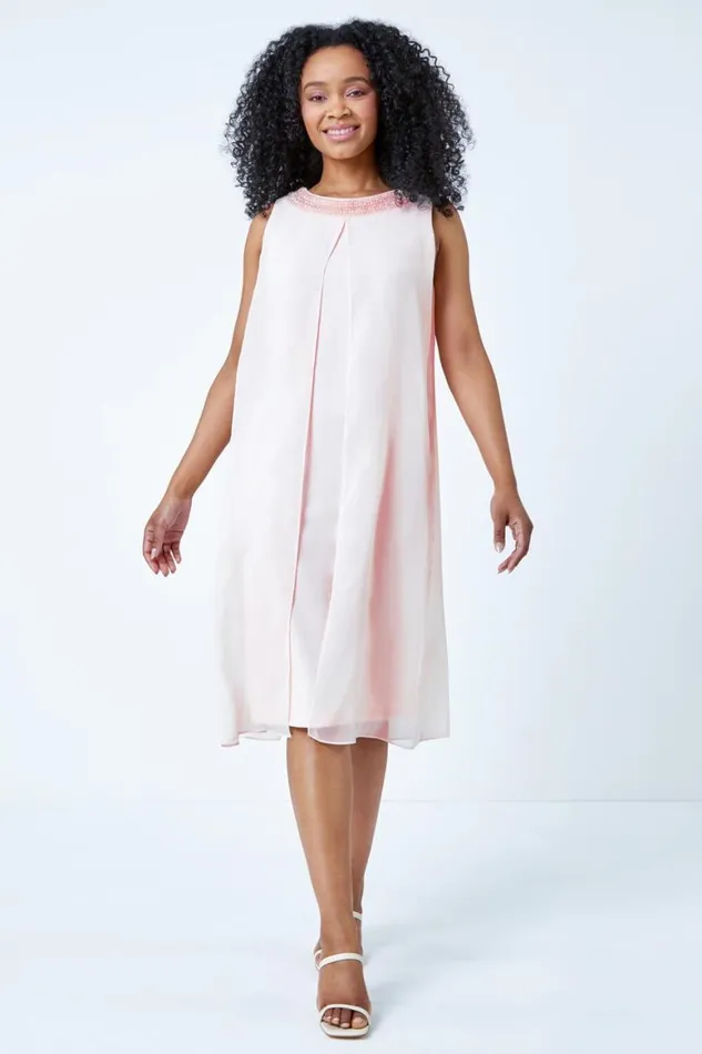 Women Light Pink Petite Embellished Chiffon Dress Roman Dresses