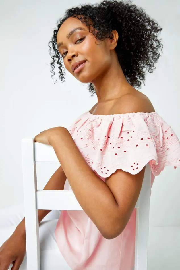 Women Light Pink Petite Embroidered Cotton Bardot Top Roman Tops