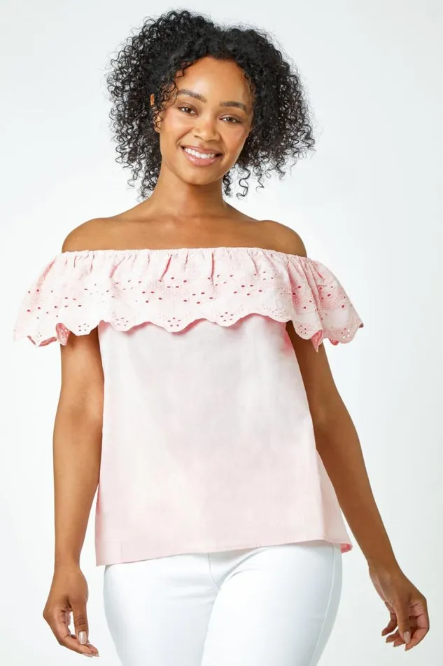Women Light Pink Petite Embroidered Cotton Bardot Top Roman Tops