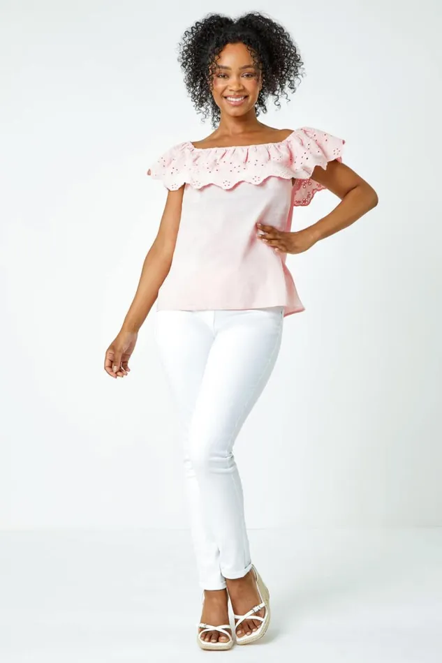 Women Light Pink Petite Embroidered Cotton Bardot Top Roman Tops