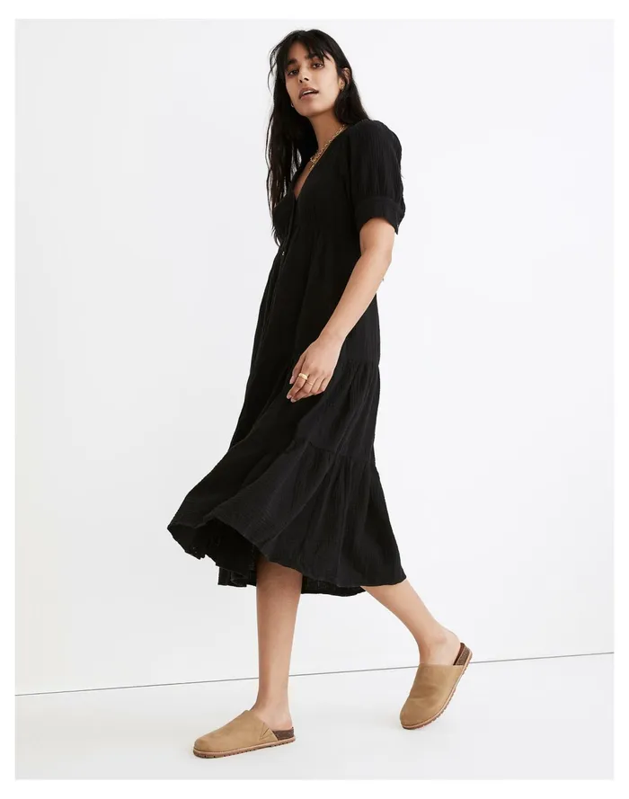 Women Lightspun Button Front Tiered Midi Dress True Black Madewell Dresses