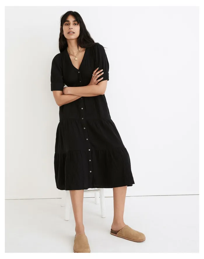 Women Lightspun Button Front Tiered Midi Dress True Black Madewell Dresses Women Lightspun Button Front Tiered Midi Dress True Black Madewell Dresses