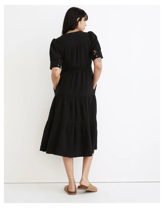 Women Lightspun Button Front Tiered Midi Dress True Black Madewell Dresses Women Lightspun Button Front Tiered Midi Dress True Black Madewell Dresses
