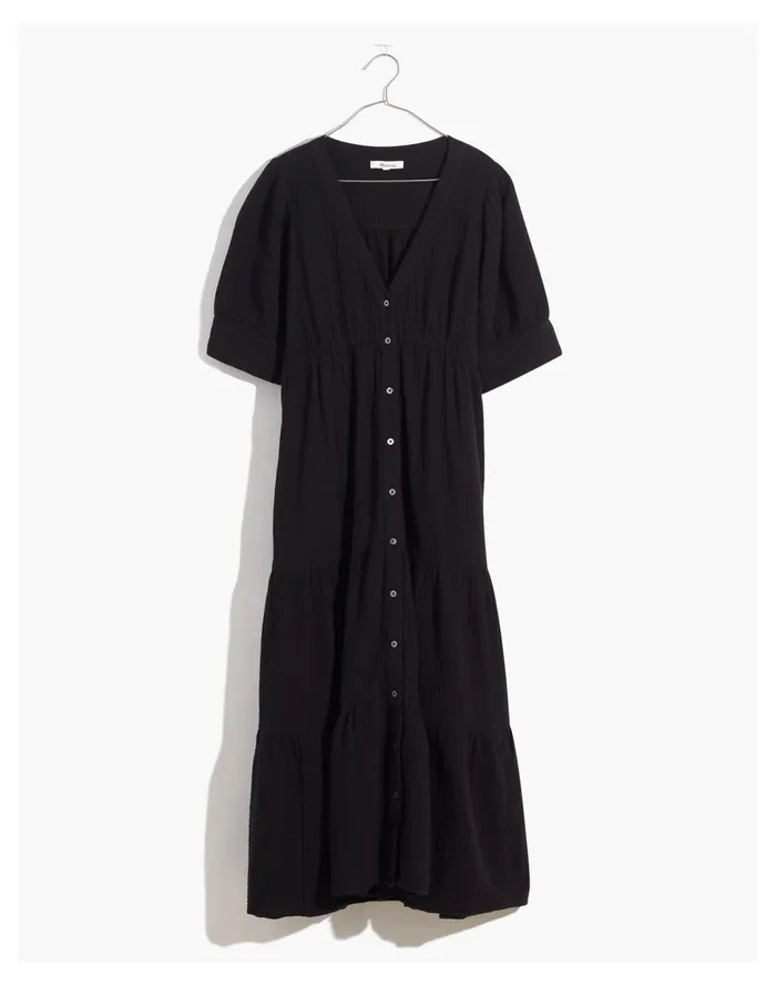 Women Lightspun Button Front Tiered Midi Dress True Black Madewell Dresses Women Lightspun Button Front Tiered Midi Dress True Black Madewell Dresses