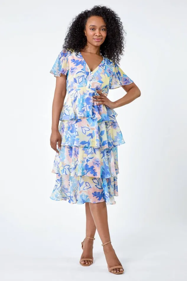 Women Lilac Petite Floral Print Chiffon Tiered Midi Dress Roman Dresses