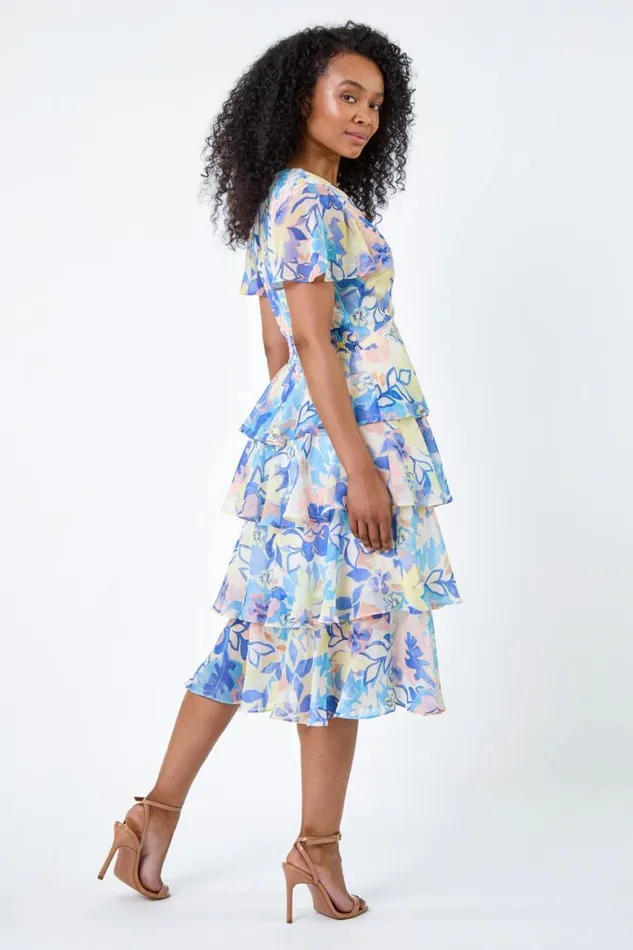 Women Lilac Petite Floral Print Chiffon Tiered Midi Dress Roman Dresses