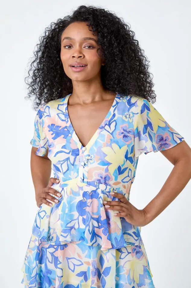 Women Lilac Petite Floral Print Chiffon Tiered Midi Dress Roman Dresses