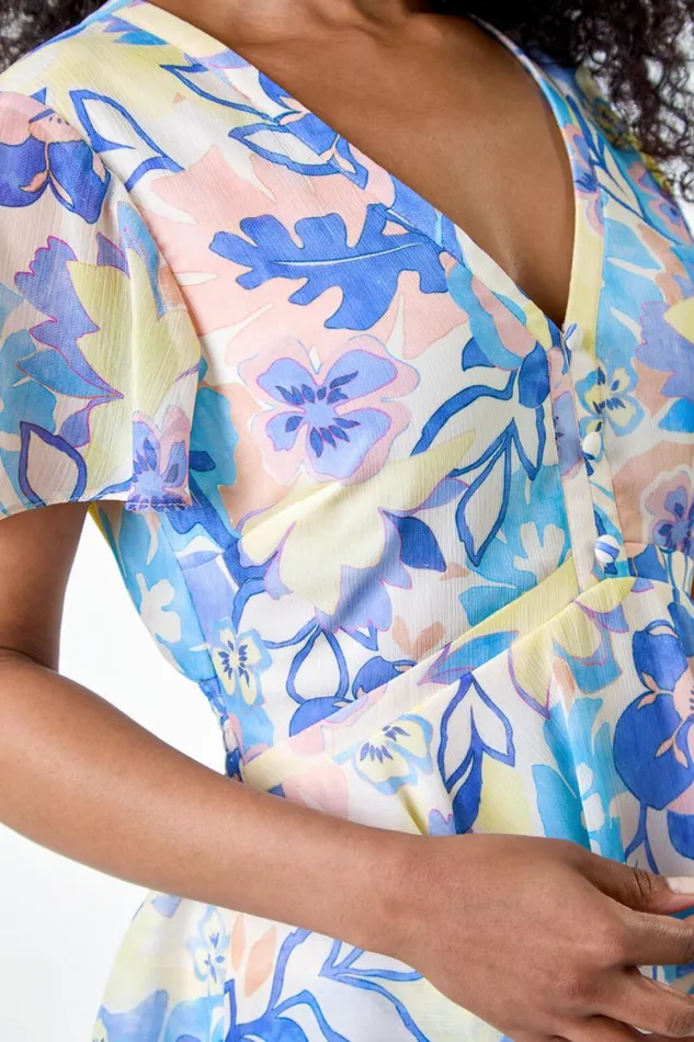 Women Lilac Petite Floral Print Chiffon Tiered Midi Dress Roman Dresses