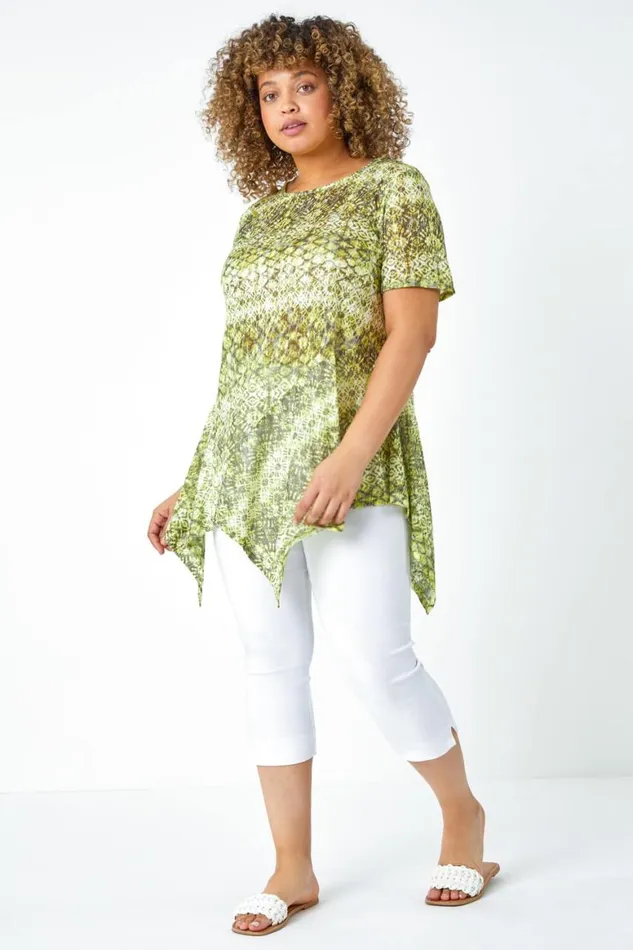 Women Lime Curve Aztec Print Hanky Hem Top Roman Tops