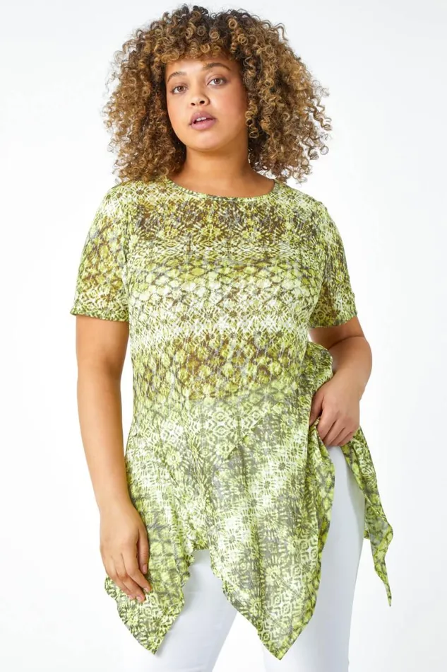 Women Lime Curve Aztec Print Hanky Hem Top Roman Tops