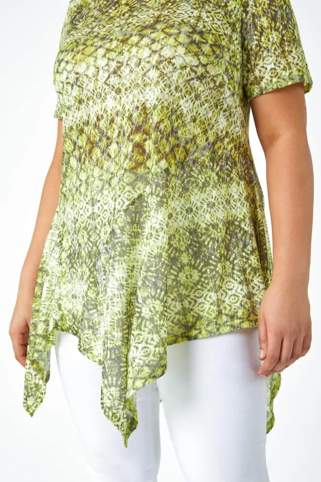 Women Lime Curve Aztec Print Hanky Hem Top Roman Tops