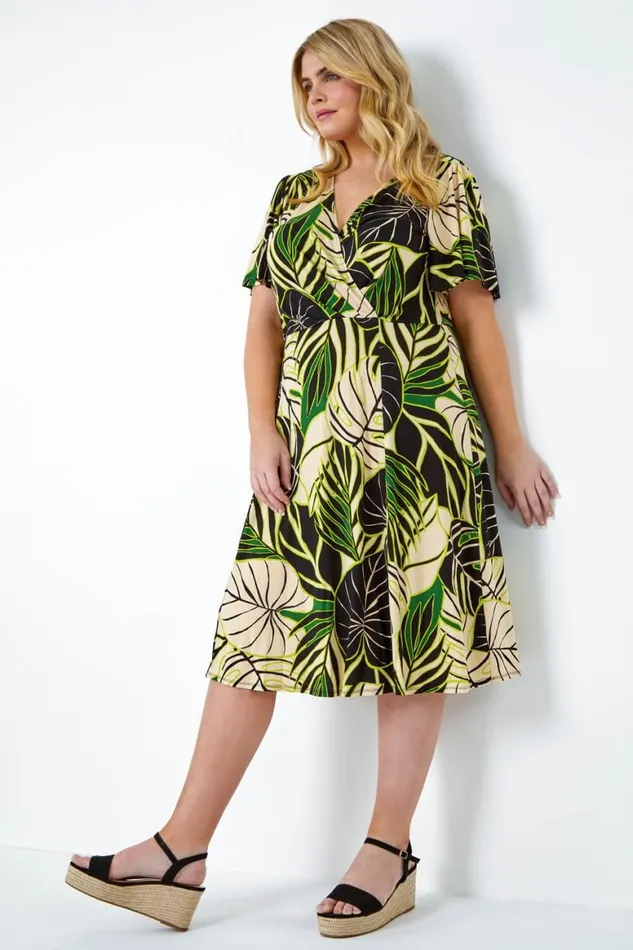 Women Lime Curve Tropical Leaf Stretch Wrap Dress Roman Dresses