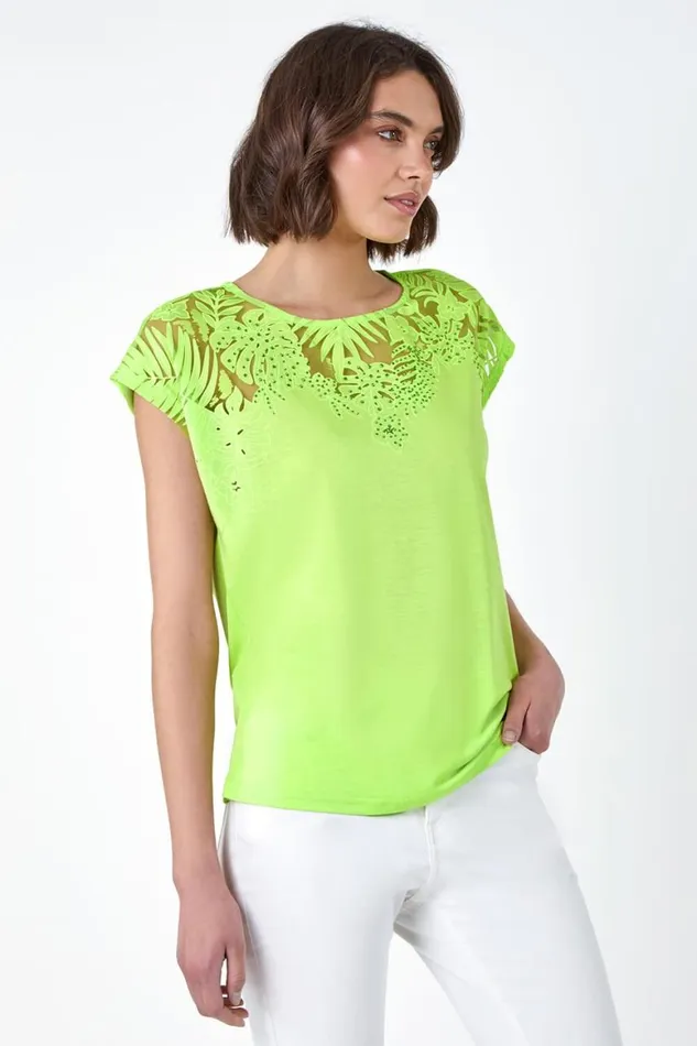 Women Lime Embellished Palm Print Cut Out TShirt Roman Tops