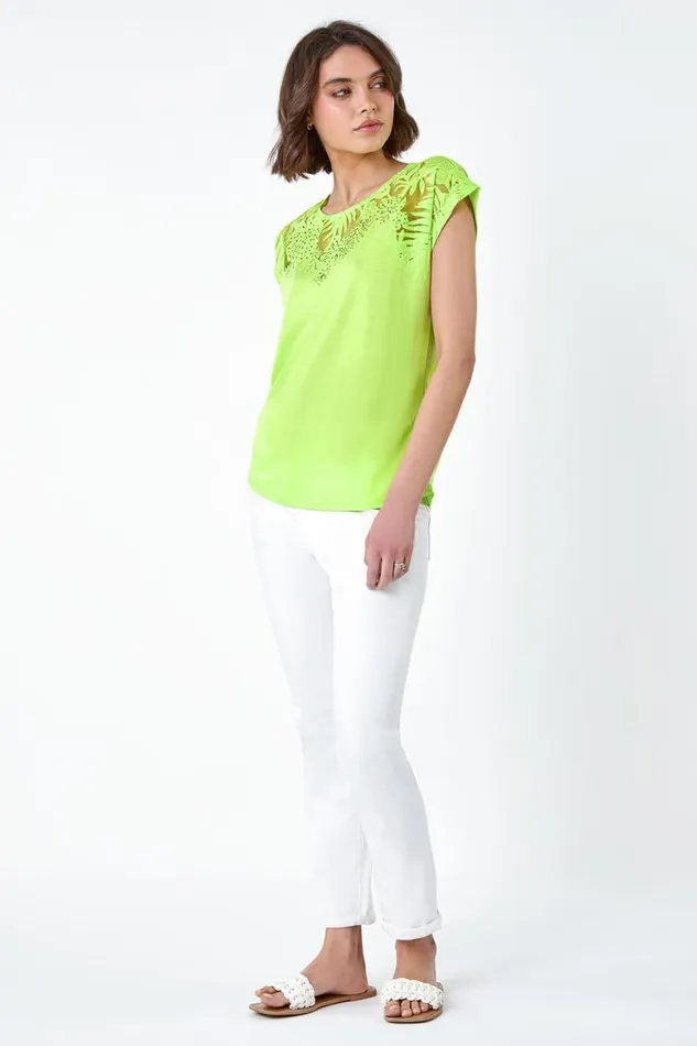 Women Lime Embellished Palm Print Cut Out TShirt Roman Tops