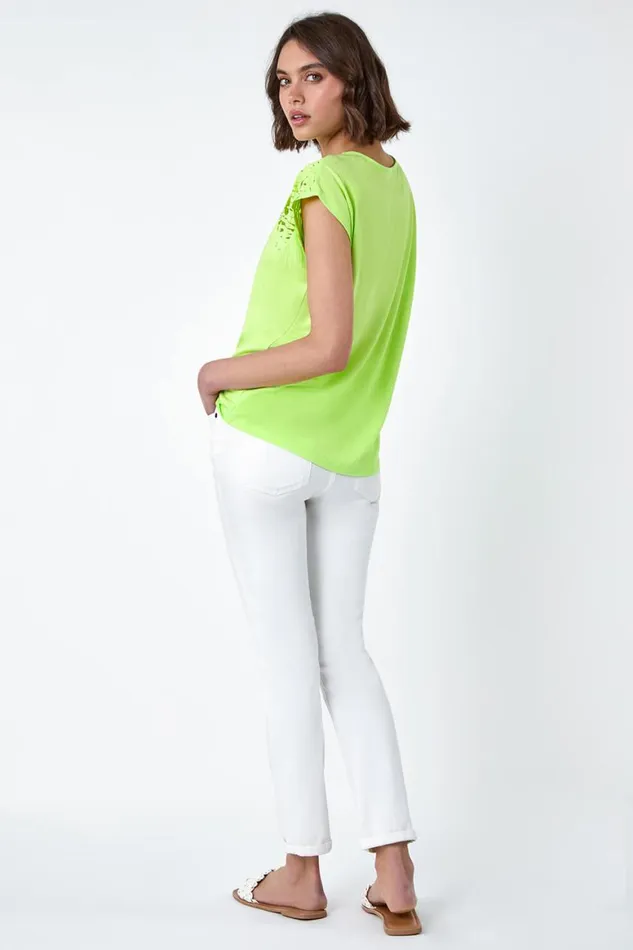 Women Lime Embellished Palm Print Cut Out TShirt Roman Tops