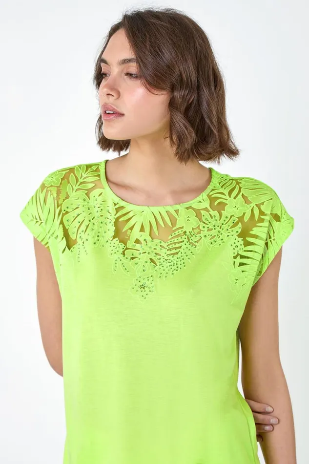 Women Lime Embellished Palm Print Cut Out TShirt Roman Tops