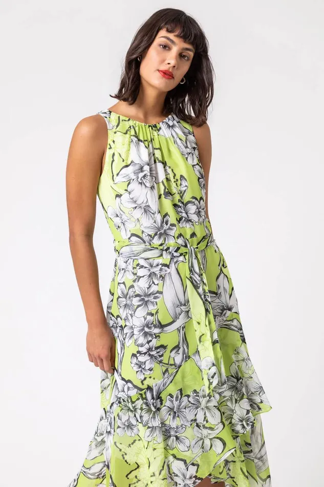 Women Lime Floral Tie Waist Dipped Hem Dress Roman Dresses
