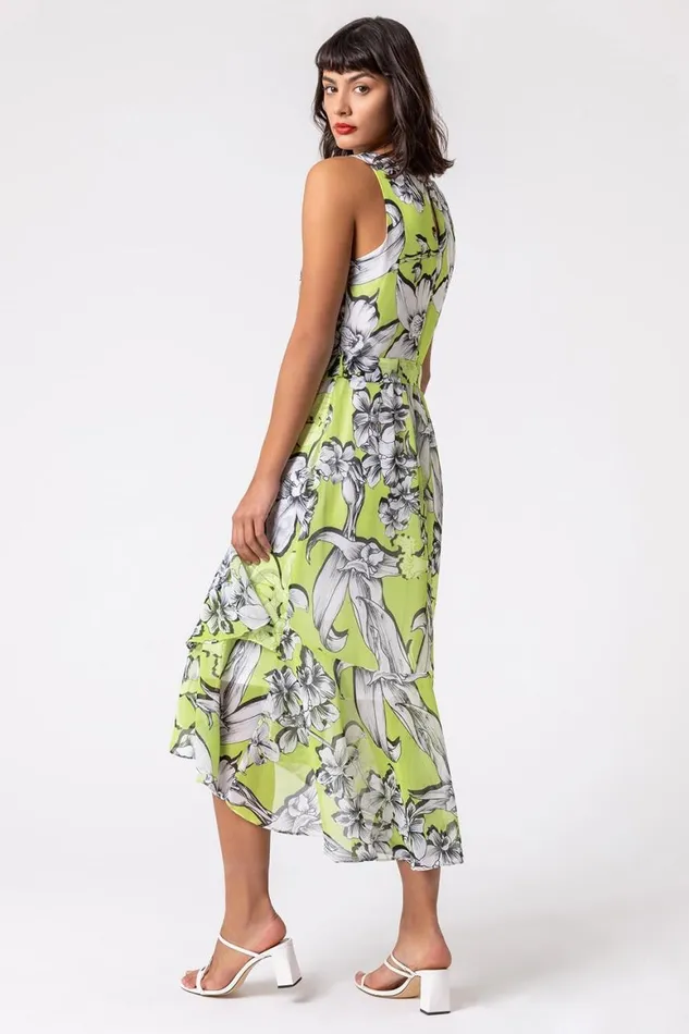 Women Lime Floral Tie Waist Dipped Hem Dress Roman Dresses