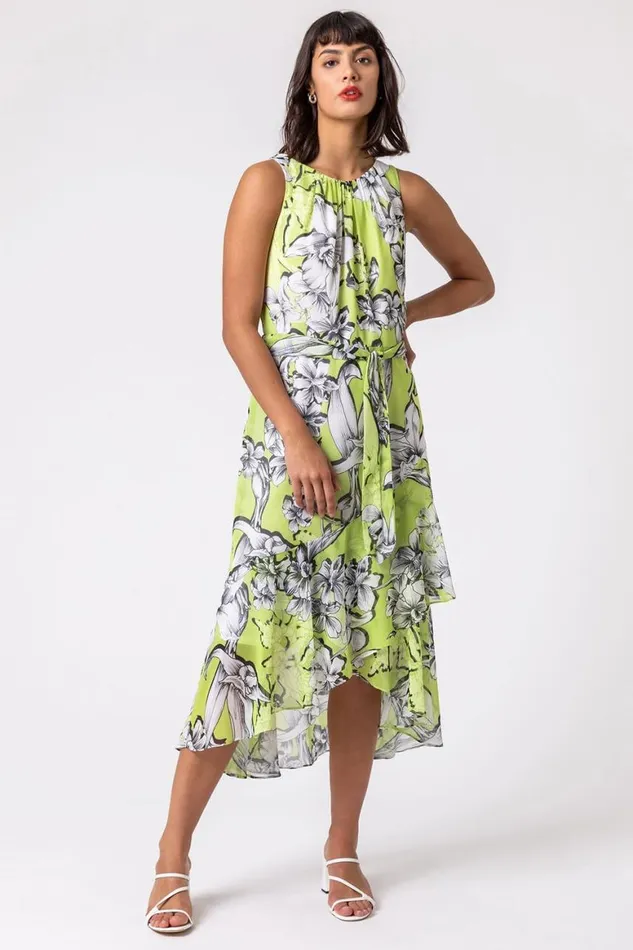 Women Lime Floral Tie Waist Dipped Hem Dress Roman Dresses