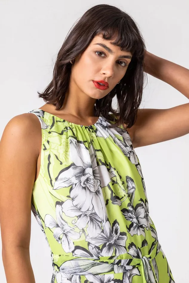 Women Lime Floral Tie Waist Dipped Hem Dress Roman Dresses
