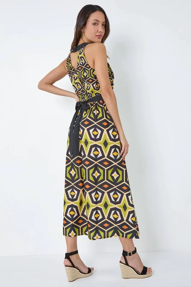 Women Lime Geometric Print Halter Neck Maxi Dress Roman Dresses