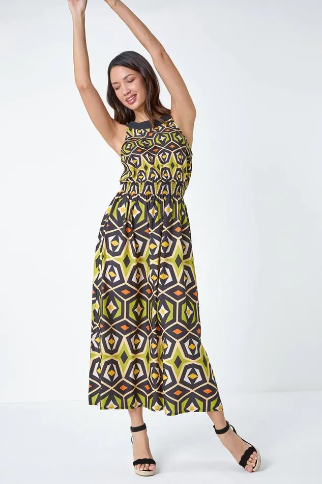 Women Lime Geometric Print Halter Neck Maxi Dress Roman Dresses