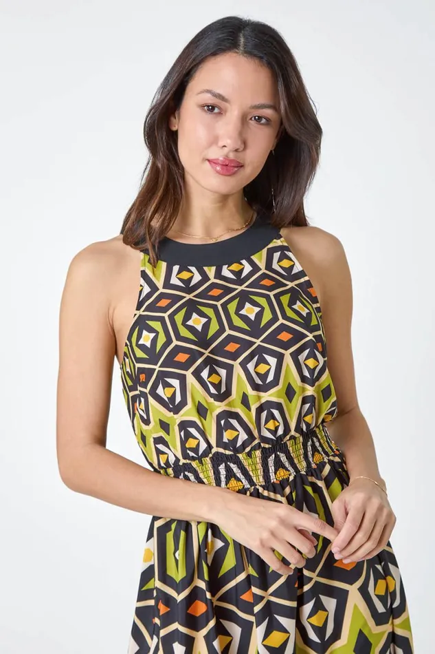 Women Lime Geometric Print Halter Neck Maxi Dress Roman Dresses