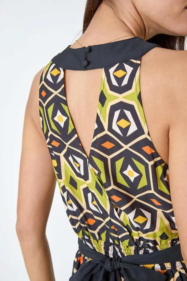 Women Lime Geometric Print Halter Neck Maxi Dress Roman Dresses