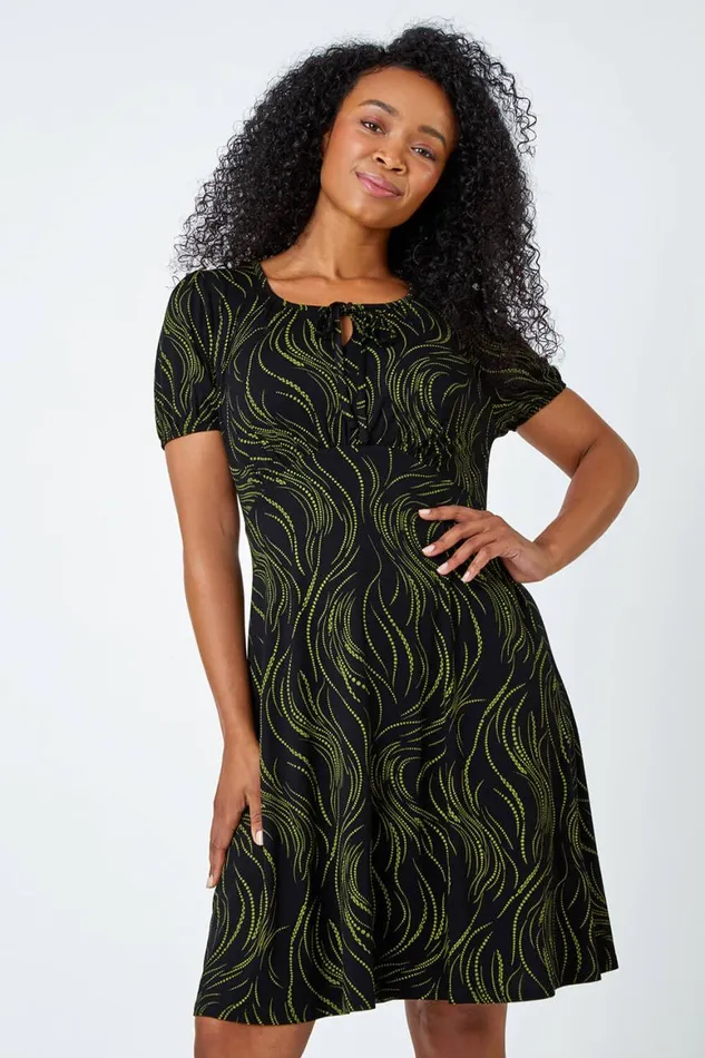 Women Lime Petite Abstract Print Tie Neck Dress Roman Dresses