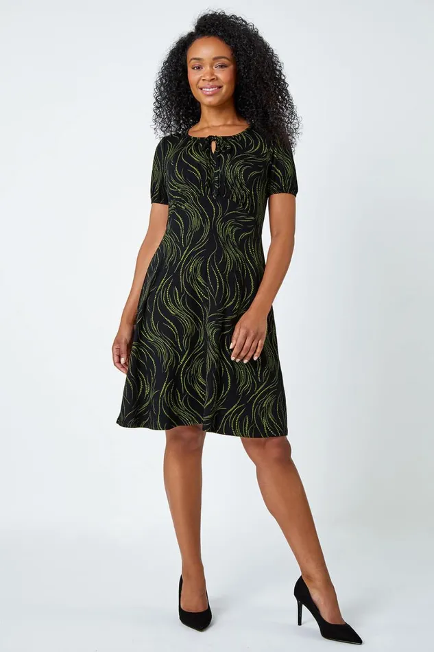 Women Lime Petite Abstract Print Tie Neck Dress Roman Dresses