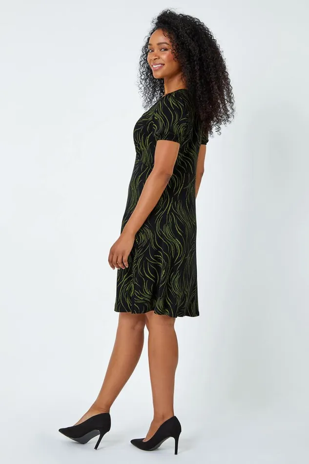 Women Lime Petite Abstract Print Tie Neck Dress Roman Dresses