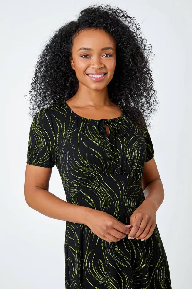 Women Lime Petite Abstract Print Tie Neck Dress Roman Dresses