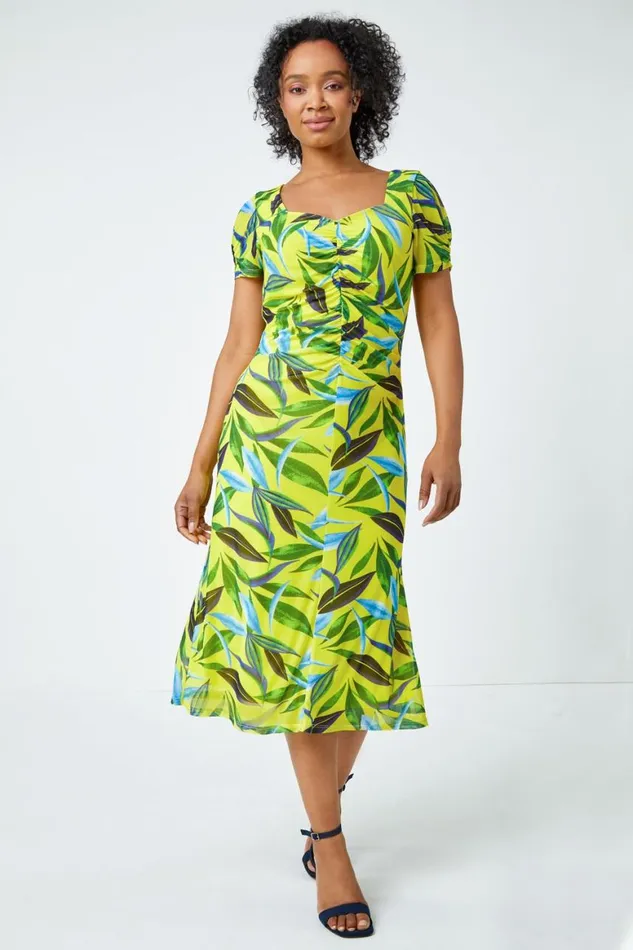 Women Lime Petite Ruched Tropical Print Midi Dress Roman Dresses