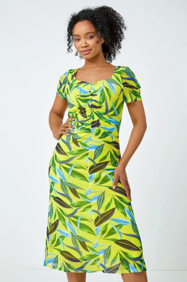Women Lime Petite Ruched Tropical Print Midi Dress Roman Dresses