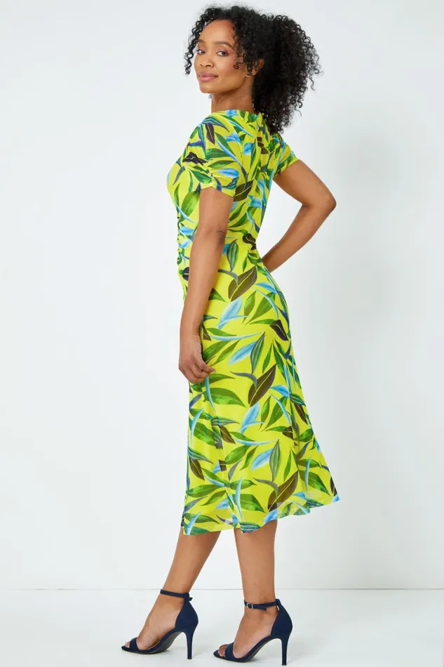 Women Lime Petite Ruched Tropical Print Midi Dress Roman Dresses