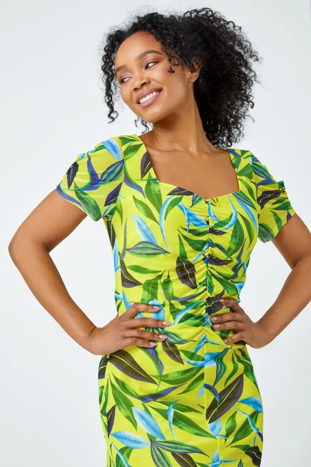 Women Lime Petite Ruched Tropical Print Midi Dress Roman Dresses
