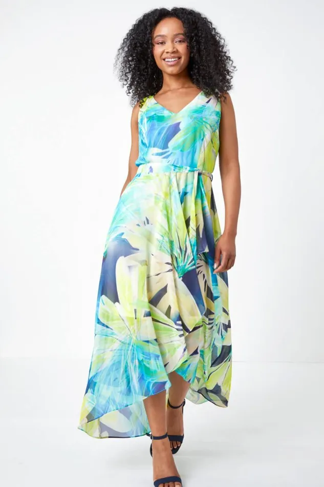 Women Lime Petite Sleeveless Floral Chiffon Maxi Dress Roman Dresses