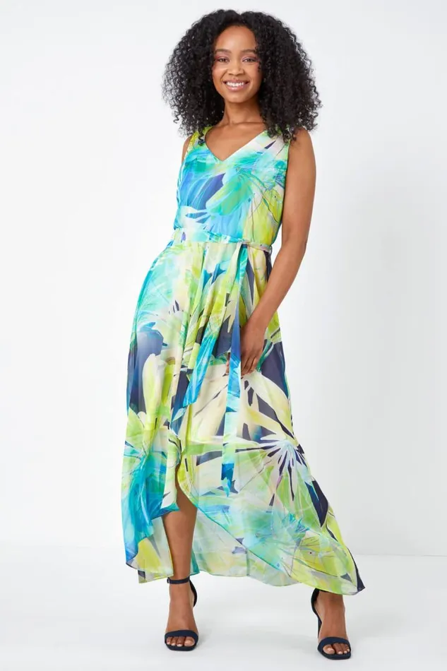 Women Lime Petite Sleeveless Floral Chiffon Maxi Dress Roman Dresses
